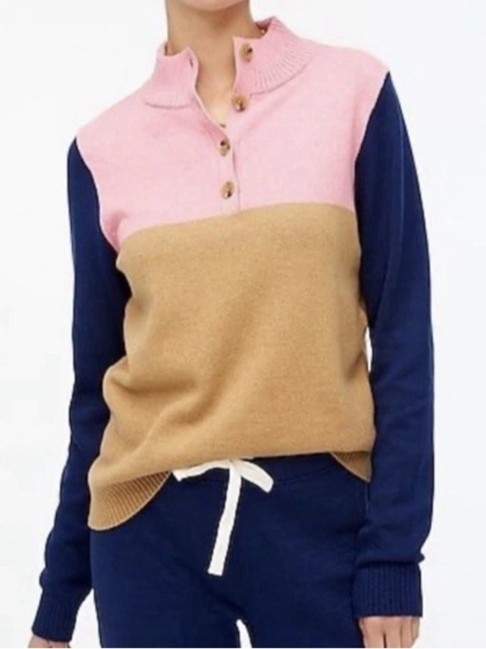 J. Crew Size Small Button Jacquard Pullover Winter Sweater Top Pink Blue Tan